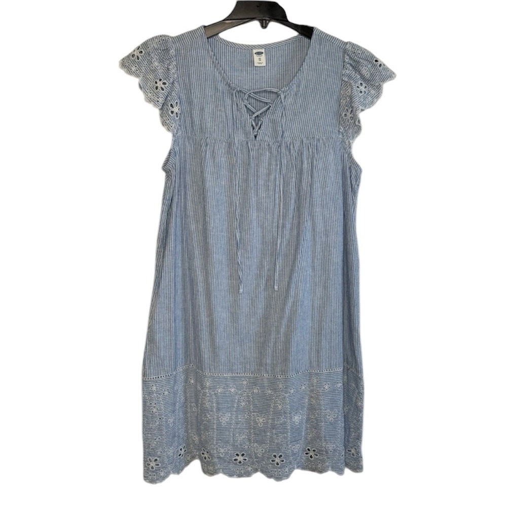 OLD NAVY | Linen Blend Blue White Striped Eyelet Lace Ruffle Tie Neckline Dress